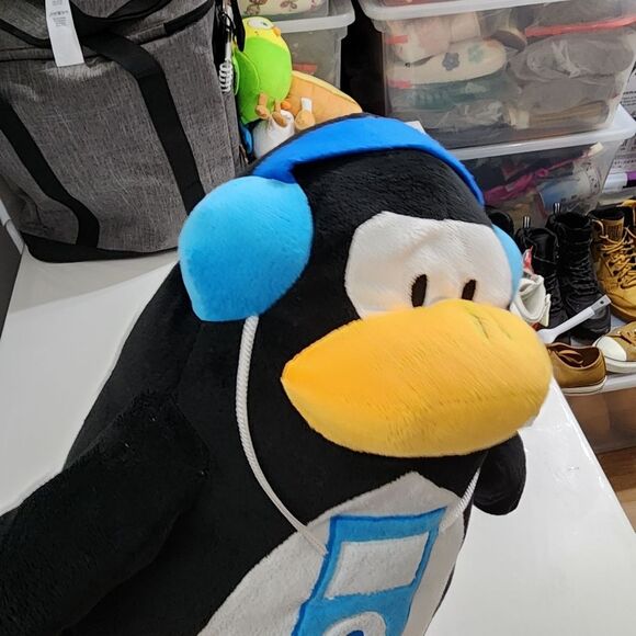 Large Penguin Listening to Music on Blue Headphones & iPod Plush Stuffed Animal - Picture 9 of 15